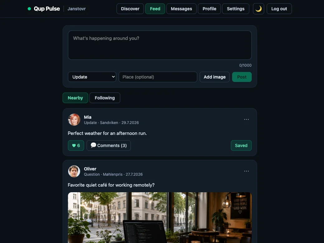 Qup Pulse on the web: the nearby feed